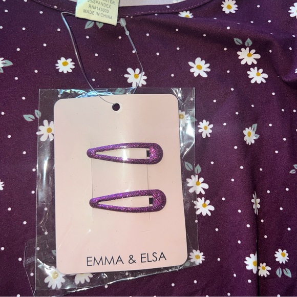 Emma & Elsa Size L 14 Long Sleeve Floral Burgandy Blouse With Hair Clip - Picture 3 of 9